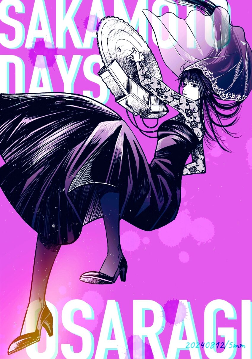 1girl blunt_bangs circular_saw commentary dated dress full_body greyscale_with_colored_background high_heels highres holding holding_weapon long_dress long_sleeves miri_(xxxmirink) osaragi_(sakamoto_days) pantyhose pink_background purple_background sakamoto_days saw veil weapon