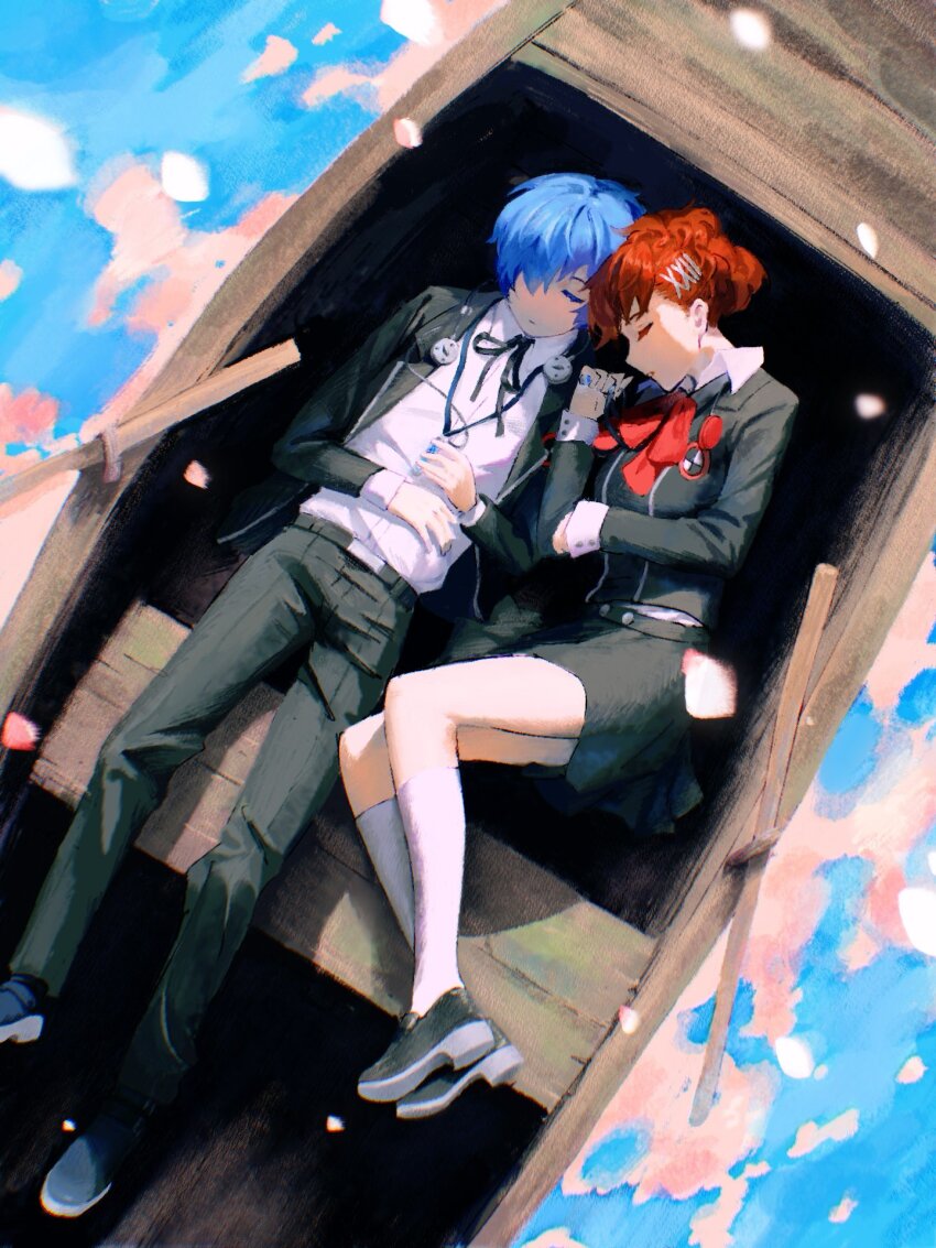 1boy 1girl black_jacket blue_hair boat bow brown_hair closed_eyes collared_shirt commentary digital_media_player eyelashes falling_petals gekkoukan_high_school_uniform hair_ornament hair_over_one_eye hairclip headphones highres jacket long_sleeves lying mico_(mico808) neck_ribbon on_back on_boat on_side persona persona_3 persona_3_portable petals ponytail ribbon rowboat school_uniform shiomi_kotone shirt short_hair short_ponytail skirt water watercraft white_shirt yuuki_makoto_(persona_3)