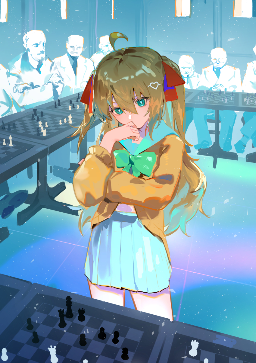 1girl absurdres ahoge blue_sailor_collar blue_skirt board_game bow bowtie cardigan chess chessboard coat commentary crossed_arms dress_shirt english_commentary from_above from_side green_bow green_bowtie green_eyes hair_between_eyes hair_ornament hand_up heart heart_hair_ornament highres indie_virtual_youtuber indoors lapels light_brown_hair long_hair necktie neuro-sama people pleated_skirt red_ribbon ribbon ribbon_hair sailor_collar shirt short_hair sitting skirt sorenftt standing table two_side_up upper_body virtual_youtuber white_coat white_shirt yellow_cardigan
