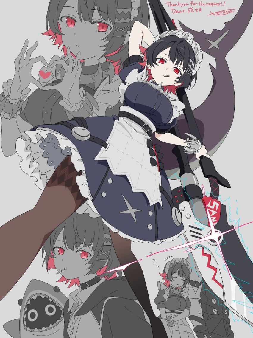 1boy 1girl four-finger_heart_hands apron arm_up bangboo_(zenless_zone_zero) belt black_belt black_bow black_dress black_hair black_pantyhose bow breasts colored_inner_hair commentary commission dress ellen_joe foot_out_of_frame frilled_wrist_cuffs frills grey_background heart heart_hands highres holding holding_weapon large_breasts looking_at_viewer maid maid_headdress multicolored_hair multiple_views pantyhose partially_colored red_eyes red_hair sharkboo_(zenless_zone_zero) short_dress short_hair short_sleeves side_part skeb_commission sleeping sleeping_upright solo teruya_(6w6y) von_lycaon waist_apron weapon white_apron white_headdress white_wrist_cuffs wrist_cuffs zenless_zone_zero zzz