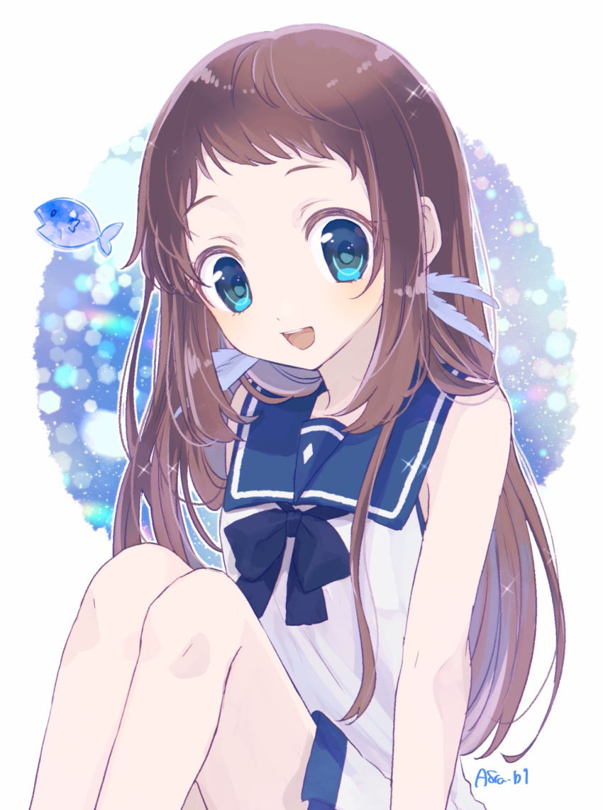 1girl blue_eyes blue_sailor_collar brown_hair commentary_request dress highres ibara_(yumekui317) long_hair mukaido_manaka nagi_no_asukara nami_junior_high_school_uniform neck_ribbon ribbon sailor_collar sailor_dress school_uniform serafuku sitting smile solo white_dress