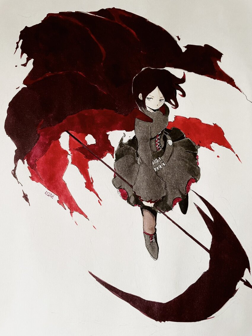 1girl bad_id bad_pixiv_id black_dress cape corset dress full_body grey_eyes highres holding holding_scythe holding_weapon long_sleeves marker_(medium) miz_natsuki red_cape red_hair ruby_rose rwby scythe short_hair simple_background solo traditional_media v-shaped_eyebrows weapon white_background
