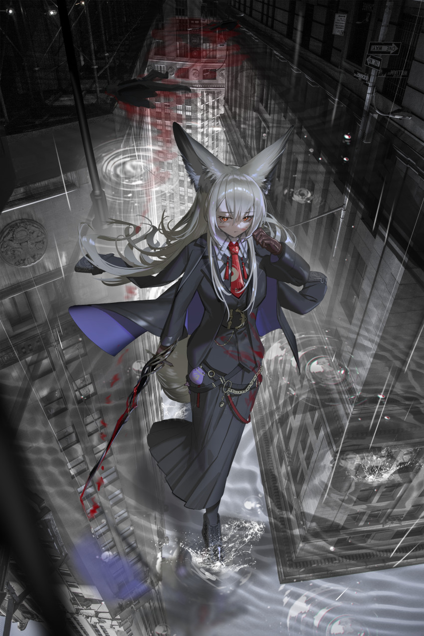 1girl absurdres animal_ears arknights black_jacket black_skirt blood brown_gloves cat_ears closed_mouth gloves grey_hair highres holding holding_sword holding_weapon jacket long_hair orange_eyes shale skirt solo sword vulpisfoglia_(arknights) weapon