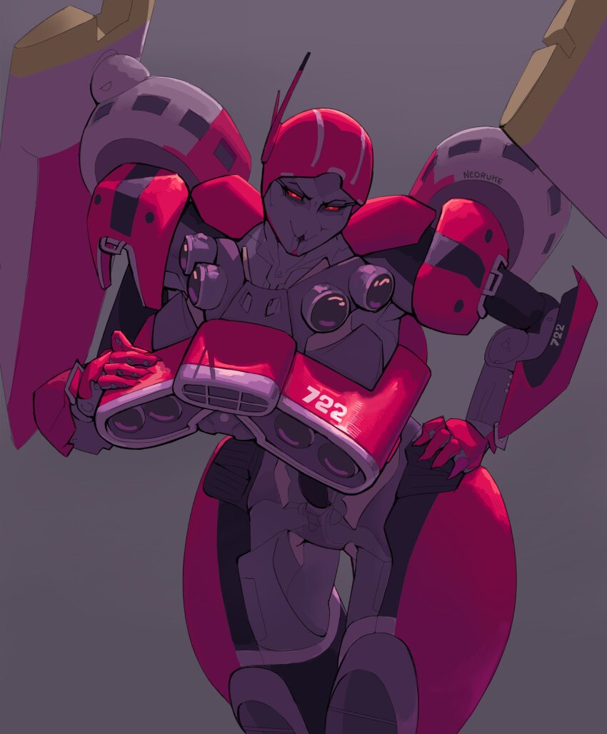 1girl absurdres airplane_wing bumblebee_(film) colored_skin curvy grey_skin hand_on_own_hip helmet highres humanoid_robot mecha mechanical_wings metal_skin neoruke red_eyes robot robot_girl science_fiction shatter_(transformers) solo thick_thighs thighs transformers transformers_(live_action) wings