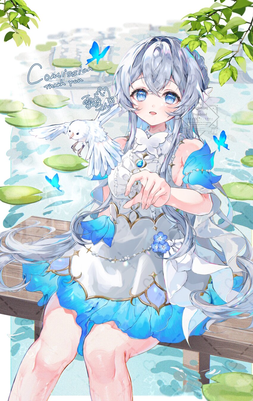 1girl absurdres bare_shoulders bird blue_butterfly blue_dress blue_eyes blue_flower bug butterfly commission dress flower grey_hair hibari_yuu highres insect lily_pad long_hair multicolored_dress open_mouth original sitting skeb_commission sleeveless sleeveless_dress solo water white_bird white_dress