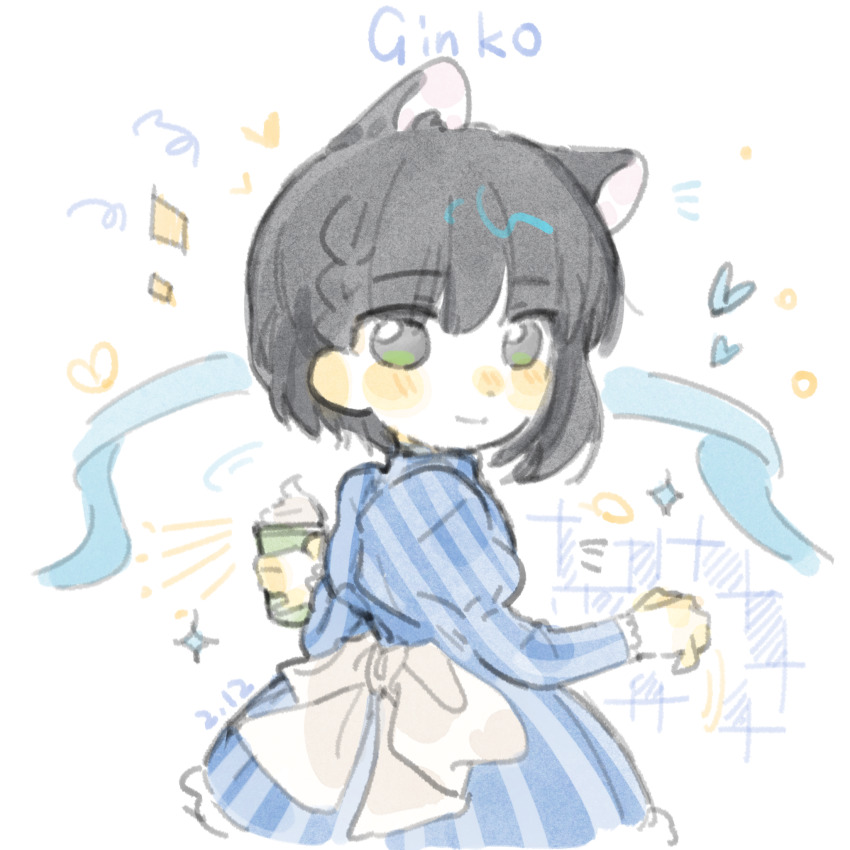 1girl animal_ears black_hair blue_dress blunt_bangs blunt_ends blush bob_cut braid cat_ears character_name chinese_commentary closed_mouth commentary_request cup dated dress drink food green_eyes heart highres holding holding_cup holding_drink ice_cream ice_cream_float juliet_sleeves kemonomimi_mode link!_like!_love_live! long_sleeves looking_at_viewer looking_back love_live! momose_ginko nose_blush notice_lines official_alternate_costume puffy_sleeves short_hair side_braids smile soft_serve solo sparkle striped_clothes striped_dress vertical-striped_clothes vertical-striped_dress virtual_youtuber wendy&#039;s white_background woodonly