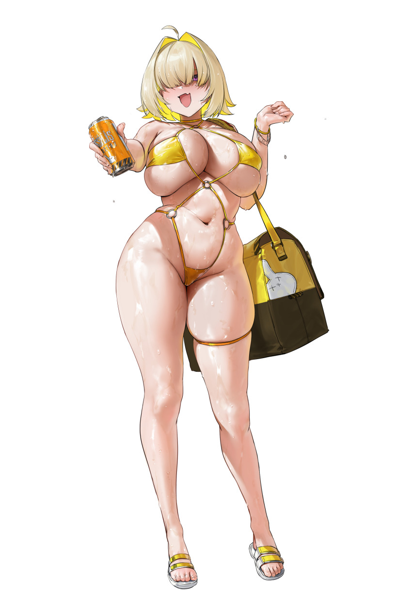 1girl absurdres alternate_costume bag bikini blonde_hair blush breasts can chochomi colored_inner_hair elegg_(nikke) full_body goddess_of_victory:_nikke hair_intakes highres holding holding_can huge_breasts large_breasts looking_at_viewer micro_bikini multicolored_hair navel one-piece_swimsuit open_mouth plump purple_eyes short_hair simple_background slingshot_swimsuit smile solo standing stomach string_bikini swimsuit thick_thighs thigh_strap thighs toes underboob wet white_background yellow_bag yellow_bikini yellow_one-piece_swimsuit yellow_slingshot_swimsuit