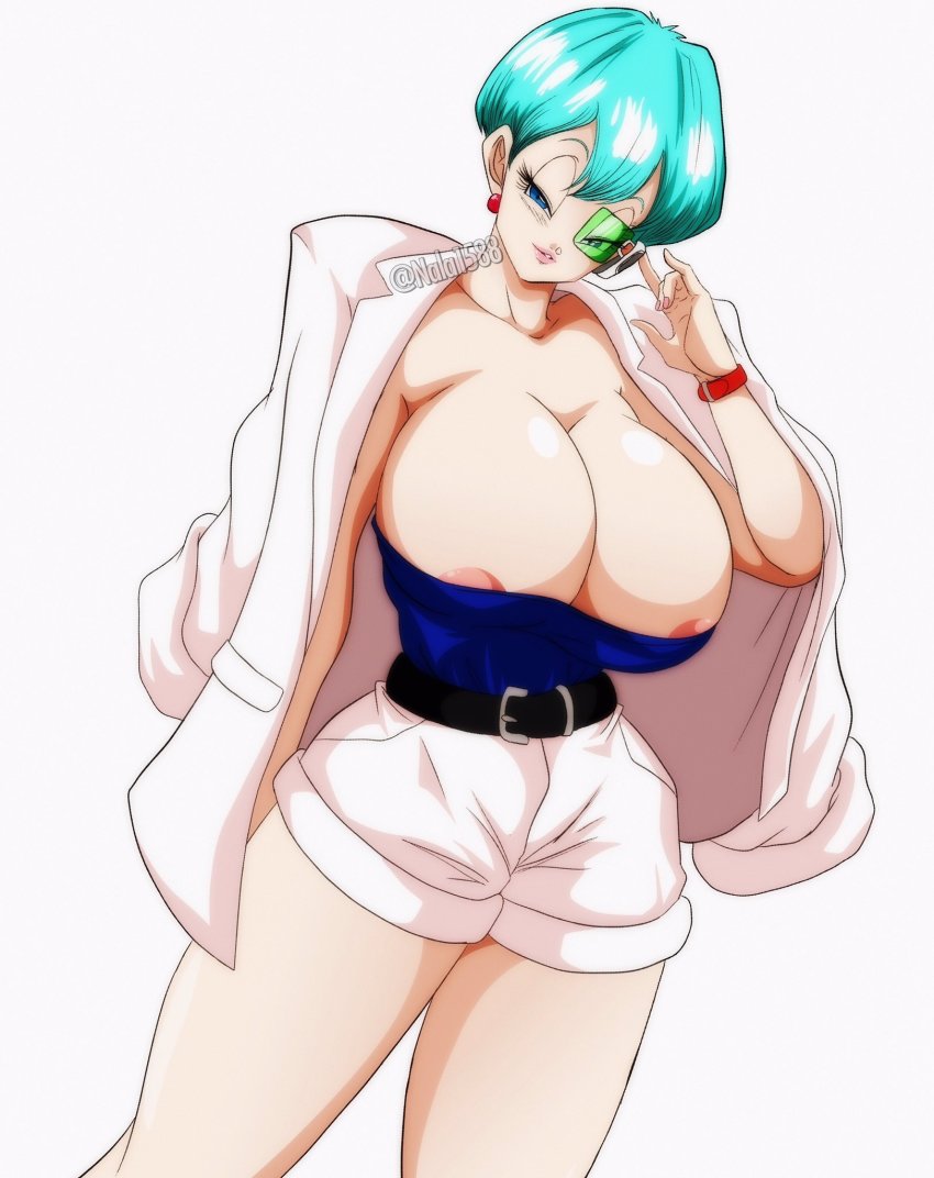 1girl adjusting_eyewear aqua_hair areola_slip belt blazer blue_eyes blue_hair breasts bulma cleavage cowboy_shot dragon_ball dragonball_z earrings facing_viewer female_focus green-tinted_eyewear green_hair grin half-closed_eyes highres jacket jacket_on_shoulders jewelry large_breasts looking_at_viewer nala1588 nipple_slip nipples no_bra open_clothes parted_lips scouter seductive_smile short_hair short_shorts shorts simple_background smile solo standing tinted_eyewear white_background
