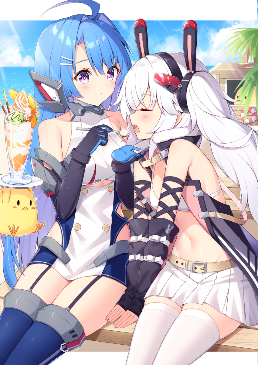 2girls :o absurdres ahoge animal animal_ears arm_warmers azur_lane baby_animal bare_shoulders belt bikini bikini_top_only bikini_under_clothes bird black_gloves blue_hair blue_thighhighs breasts chick closed_eyes clothing_cutout coat dress elbow_gloves fake_animal_ears feeding food garter_straps gloves groin hair_ornament hairclip helena_(azur_lane) helena_(retrofit)_(azur_lane) highres holding laffey_(azur_lane) laffey_(retrofit)_(azur_lane) large_breasts manjuu_(azur_lane) miniskirt multiple_girls navel open_mouth parfait pleated_skirt purple_eyes retrofit_(azur_lane) short_dress sitting skirt sleeveless sleeveless_coat small_breasts smile spoon stomach swimsuit t@ke-g thighhighs twintails underboob_cutout white_bikini white_dress white_hair white_legwear white_skirt zettai_ryouiki