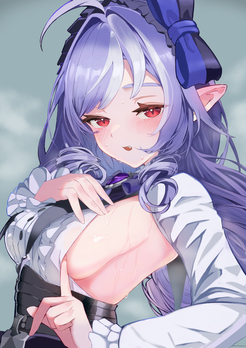 1girl :o absurdres ahoge ascot black_corset blush bow bowtie breasts center_frills corset drill_hair fang finger_under_clothes frills garabato_choi gem hair_bow hairband hand_on_own_chest highres large_breasts long_hair long_sleeves looking_at_viewer multicolored_hair pointy_ears purple_ascot purple_bow purple_bowtie purple_gemstone purple_hair purple_hairband red_eyes shirt shrug_(clothing) sideboob sideboob_cutout simple_background solo steaming_body streaked_hair sweat swept_bangs upper_body very_long_hair vivian_banshee white_hair white_shrug zenless_zone_zero