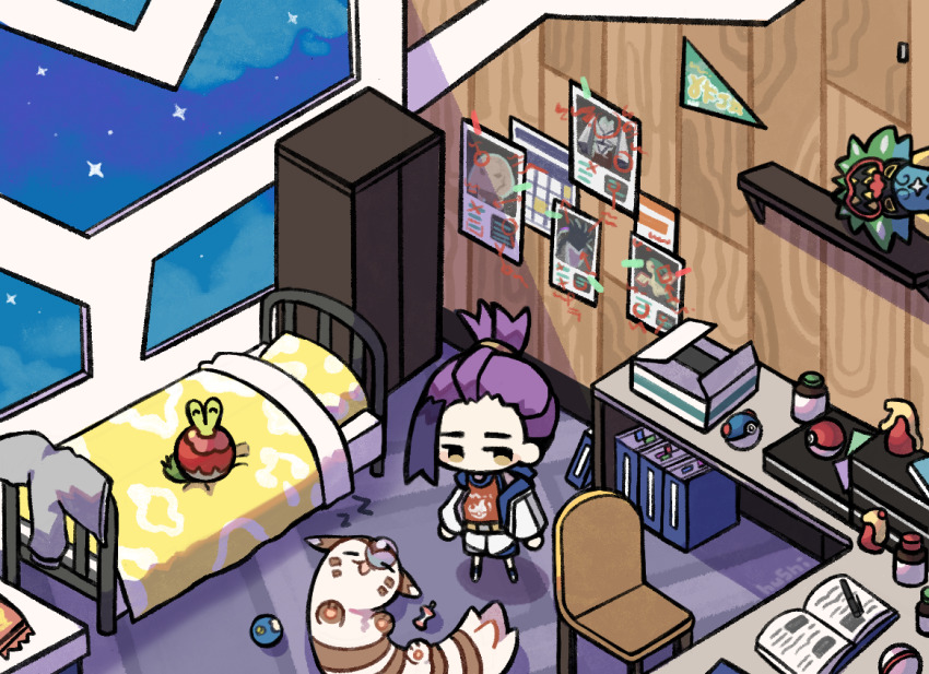 1boy applin bed bedroom berry bingjinghushi014 black_hair book box chair chibi commentary_request food furret gen_2_pokemon gen_8_pokemon great_ball indoors jacket kieran_(pokemon) long_sleeves male_focus mask multicolored_hair nintendo open_mouth paper poke_ball pokemon pokemon_(creature) pokemon_sv premier_ball purple_hair red_tank_top shorts sleeping standing tank_top white_jacket white_shorts window yellow_eyes zzz