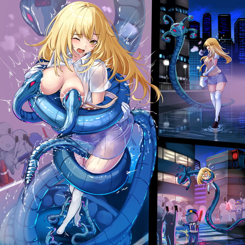 1girl academy_city angry bag blonde_hair breast_sucking breasts brown_footwear brown_sweater_vest collared_shirt commentary_request crowd elbow_gloves frottage gloves grey_skirt handbag highres intersection interspecies large_breasts loafers long_hair miniskirt monikano multiple_views night open_clothes open_shirt pleated_skirt police public_indecency rape school_emblem school_uniform shirt shoes shokuhou_misaki short_sleeves skirt sparkling_eyes summer_uniform sweater_vest taking_picture toaru_kagaku_no_mental_out toaru_kagaku_no_railgun toaru_majutsu_no_index tokiwadai_school_uniform white_gloves white_shirt yellow_eyes