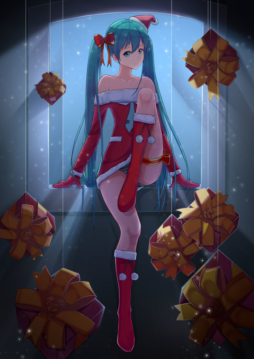 1girl absurdres aqua_eyes bare_shoulders boots bow box christmas collarbone dress female_focus full_body fur_trim gift gift_box gloves green_necktie hair_ribbon hat hatsune_miku highres long_hair necktie night panties pantyshot pom_pom_(clothes) red_boots red_bow red_dress red_gloves ribbon santa_costume santa_hat short_dress sitting smile solo standing striped_clothes striped_panties twintails underwear very_long_hair vocaloid window zuiai_gongzhu_dianxia