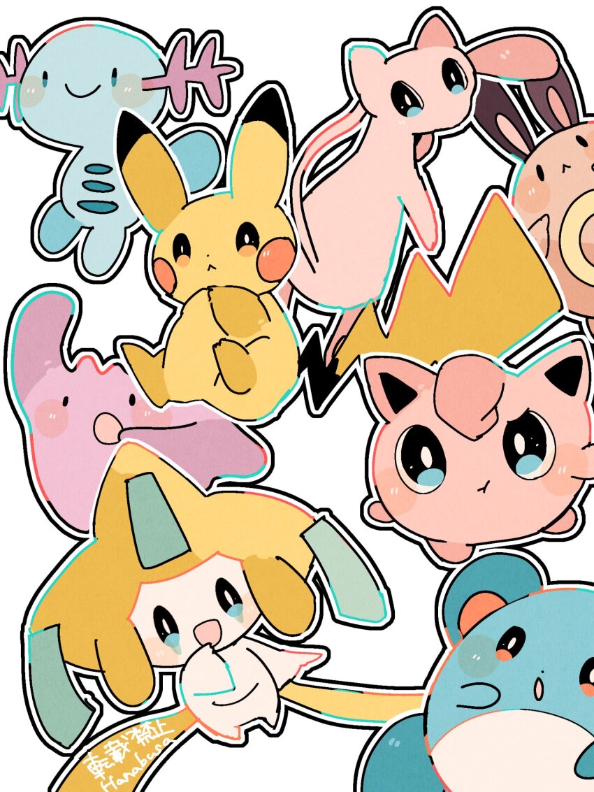 :d :o animal_focus artist_name blue_skin brown_fur closed_mouth colored_skin commentary_request ditto facial_mark gen_1_pokemon gen_2_pokemon gen_3_pokemon hanabusaoekaki highres jigglypuff jirachi legendary_pokemon looking_back marill mew_(pokemon) mythical_pokemon nintendo no_humans open_mouth pikachu pink_skin pokemon pokemon_(creature) pout purple_skin raised_eyebrows sentret simple_background smile solid_oval_eyes tail tanzaku white_background white_skin wooper yellow_skin