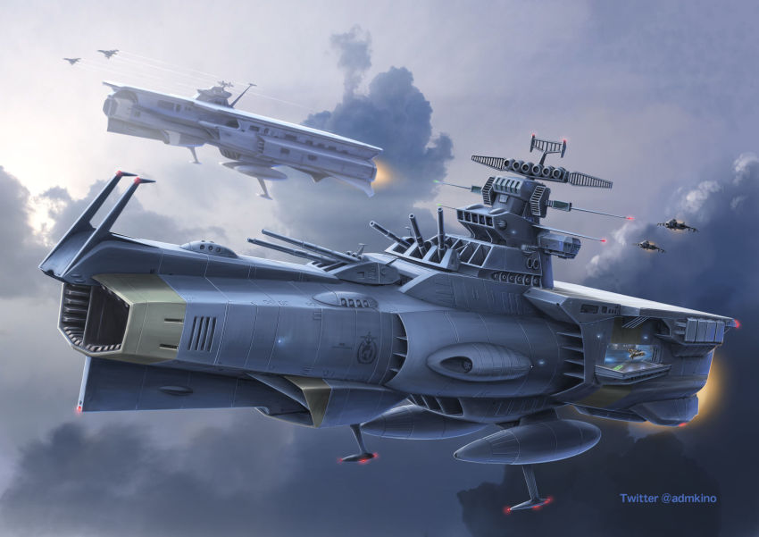 battle cloud commentary_request cosmo_falcon earth_(planet) energy_cannon fleet flying hangar highres kinoshita_teitoku launching lights machinery muzzle no_humans official_style original planet radar_dish radio_antenna realistic roundel science_fiction signature spacecraft starfighter thrusters turret twitter_username uchuu_senkan_yamato uchuu_senkan_yamato_2205:_arata_naru_tabidachi wave_motion_gun