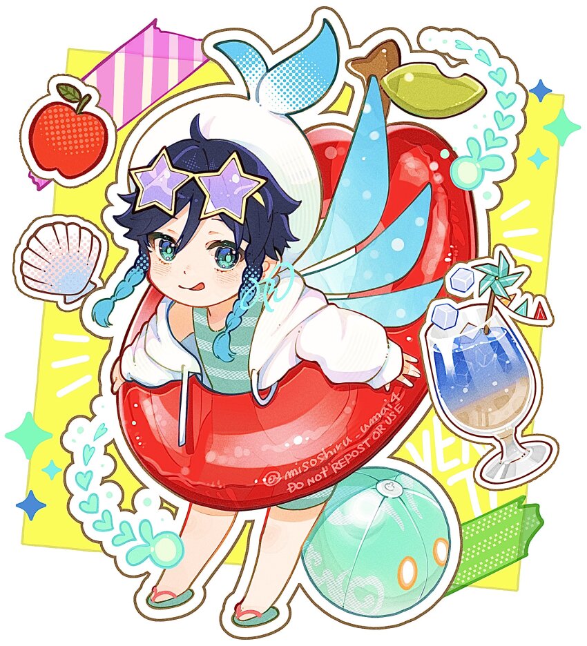 1boy :q absurdres ahoge anemo_slime_(genshin_impact) apple apple_innertube aqua_eyes aqua_hair aqua_sandals aqua_shorts aqua_tank_top artist_name ball barbatos_(genshin_impact) barbatos_(genshin_impact)_(cosplay) beachball black_hair blush border braid clam_shell closed_mouth commentary cosplay cup drawstring drink drinking_glass eyewear_on_head flip-flops food fruit genshin_impact gradient_hair hair_between_eyes hat highres hood hoodie ice ice_cube innertube long_sleeves looking_at_viewer male_focus medium_hair misoshiru_umai4 multicolored_hair open_clothes open_hoodie outline outside_border parted_bangs pinwheel puffy_long_sleeves puffy_sleeves purple-tinted_eyewear red_innertube sandals seashell shell shorts side_braids signature simple_background slime_(genshin_impact) smile solo sparkle star-shaped_eyewear star_(symbol) striped_clothes striped_shorts striped_tank_top sunglasses swim_ring symbol-only_commentary tank_top tinted_eyewear tongue tongue_out twin_braids venti_(genshin_impact) watermark white_border white_hat white_hoodie white_outline yellow_background