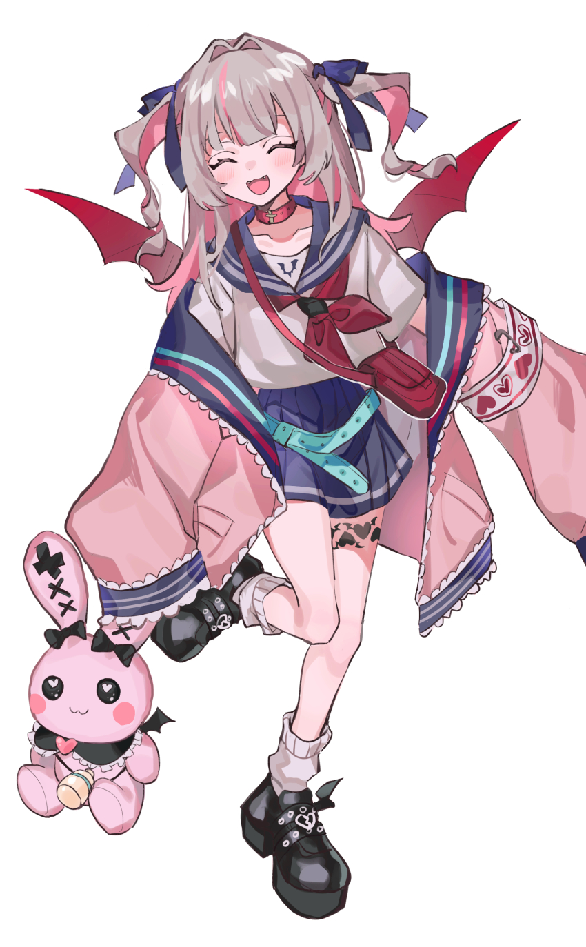1girl :3 absurdres aqua_belt armband bag belt belt_collar black_shoes blue_ribbon blue_sailor_collar blue_skirt blunt_bangs blush closed_eyes collar colored_inner_hair drill_hair fangs full_body grey_hair hair_intakes hair_ribbon handbag heart highres holding holding_stuffed_toy jacket leg_tattoo long_hair loose_belt loose_socks makaino_ririmu makaino_ririmu_(4th_costume) mimisu miniskirt multicolored_hair neckerchief nijisanji off_shoulder open_clothes open_jacket open_mouth pink_hair pink_jacket platform_shoes pleated_skirt pointy_ears red_bag red_collar red_eyes red_neckerchief ribbon sailor_collar school_uniform serafuku shirt shoes shoulder_bag sidelocks simple_background skirt sleeves_past_fingers sleeves_past_wrists smile socks solo standing standing_on_one_leg streaked_hair stuffed_animal stuffed_rabbit stuffed_toy tattoo two_side_up virtual_youtuber white_background white_shirt white_socks winged_heart_tattoo winged_shoes wings