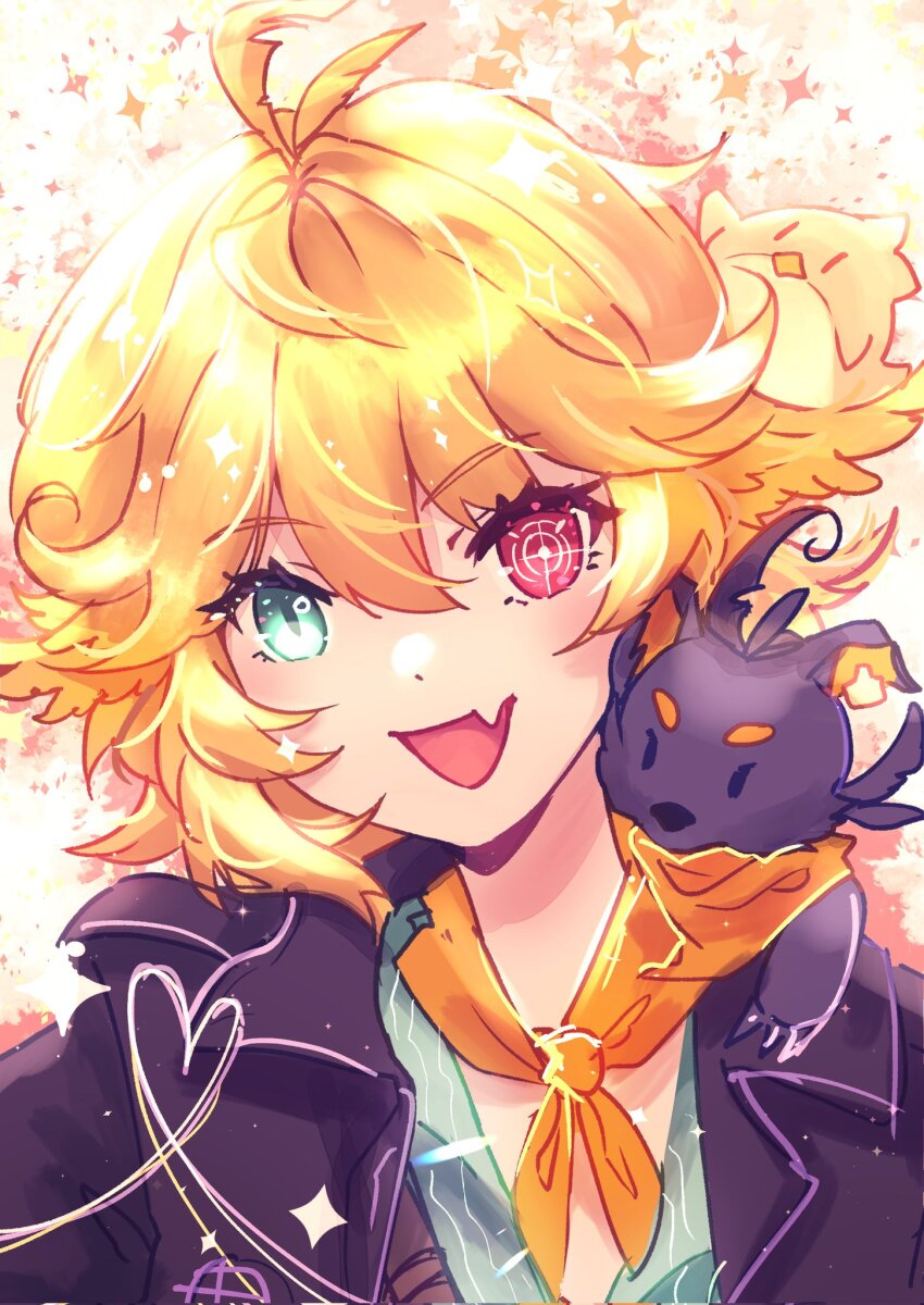 1girl :d ahoge aqua_eyes aqua_shirt black_jacket blonde_hair doki_amber_doge_(dokibird) dokibird_(vtuber) dokibird_(vtuber)_(bounty_hunter) fang heart heterochromia highres indie_virtual_youtuber jacket looking_at_viewer medium_hair neckerchief open_clothes open_jacket open_mouth orange_neckerchief reiru shirt skin_fang smile sparkle upper_body virtual_youtuber