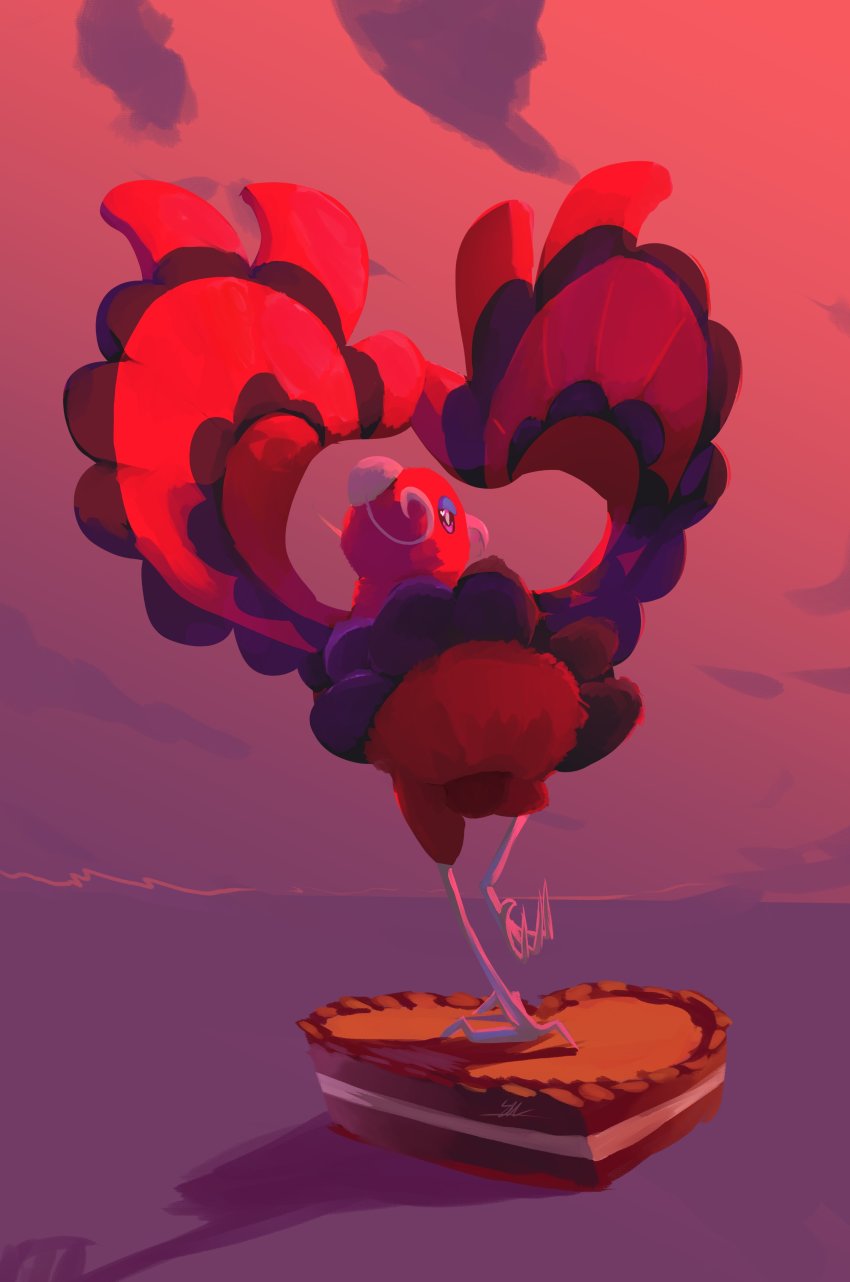 absurdres beak bird chocolate closed_mouth cloud commentary english_commentary full_body gen_7_pokemon highres leg_up likey looking_back nintendo no_humans oricorio oricorio_(baile) outdoors pokemon pokemon_(creature) sky solo talons twilight valentine