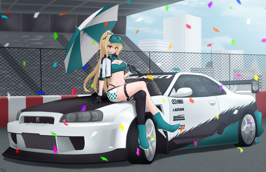 1girl absurdres blonde_hair boots breasts car chain-link_fence confetti crossed_legs day earpiece eyewear_on_head fence girls&#039;_frontline gloves high_heel_boots high_heels highleg highleg_panties highres holding holding_umbrella jacket long_hair motor_vehicle mr.something on_car panties ponytail race_queen red_eyes single_thighhigh sports_car sv-98_(girls&#039;_frontline) thigh_strap thighhighs umbrella underwear vidsor_cap