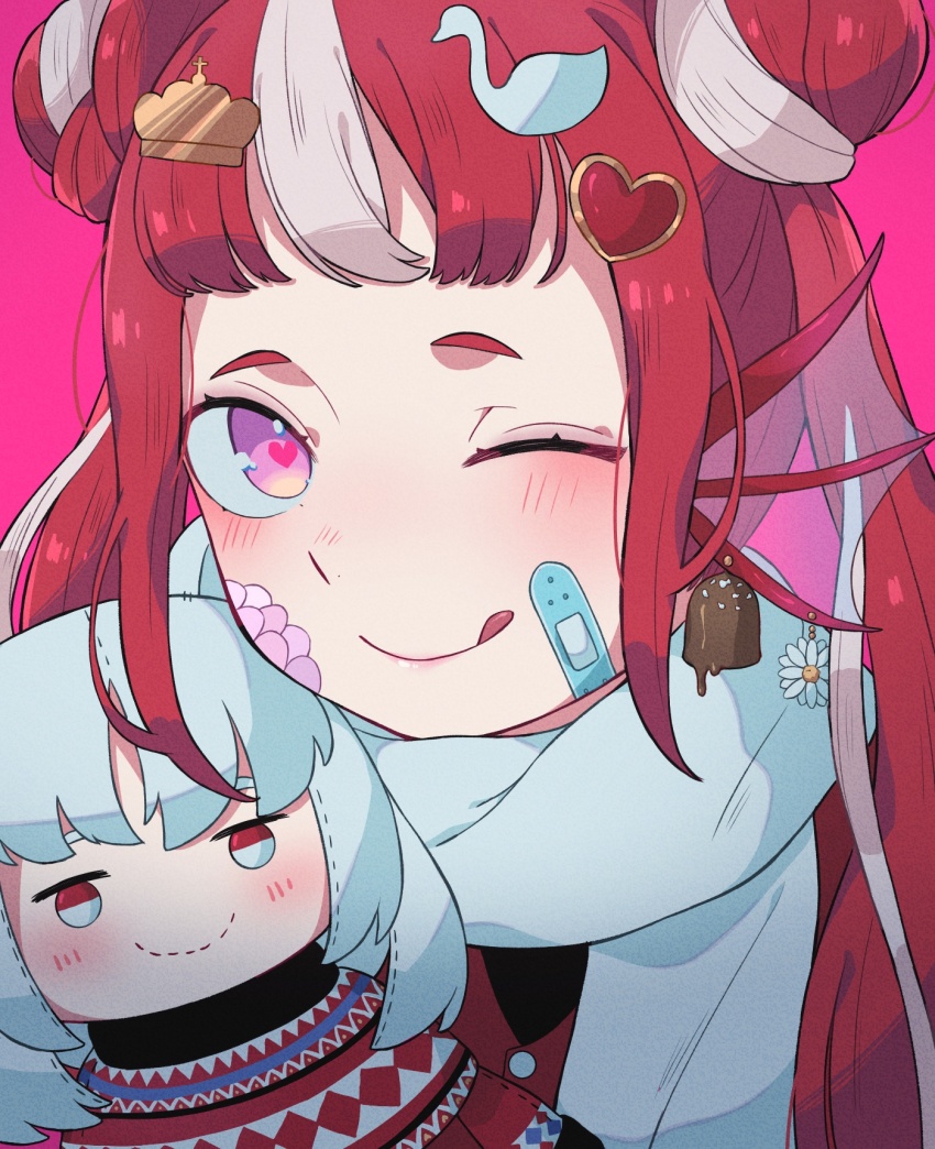 1girl bandaid blush crown_hair_ornament denmark denmark_(kuroussa) doll double_bun fins hair_bun hair_ornament head_fins heart heart-shaped_pupils heart_hair_ornament highres kuroussa looking_at_viewer multicolored_hair one_eye_closed original personification pink_background purple_eyes red_hair scales scarf short_eyebrows solo streaked_hair swan_hair_ornament symbol-shaped_pupils tongue tongue_out twintails two-tone_hair white_hair white_scarf