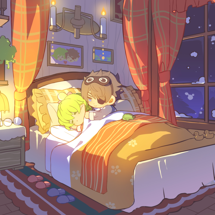 1boy 1girl animal bed bird black_pajamas black_shirt blue_eyes blue_slippers brown_hair candle chibi closed_eyes closed_mouth commentary curtains desk_lamp duck eyepatch fire frilled_pillow frills green_hair highres indoors lamp mask mask_on_head pajamas pandoria_(xenoblade) pillow plaid_pillow pointy_ears red_slippers round_eyewear shirt sleep_mask sleeping slippers snow snowing toki0830 under_covers unworn_eyewear unworn_slippers window xenoblade_chronicles_(series) xenoblade_chronicles_2 zeke_von_genbu_(xenoblade)