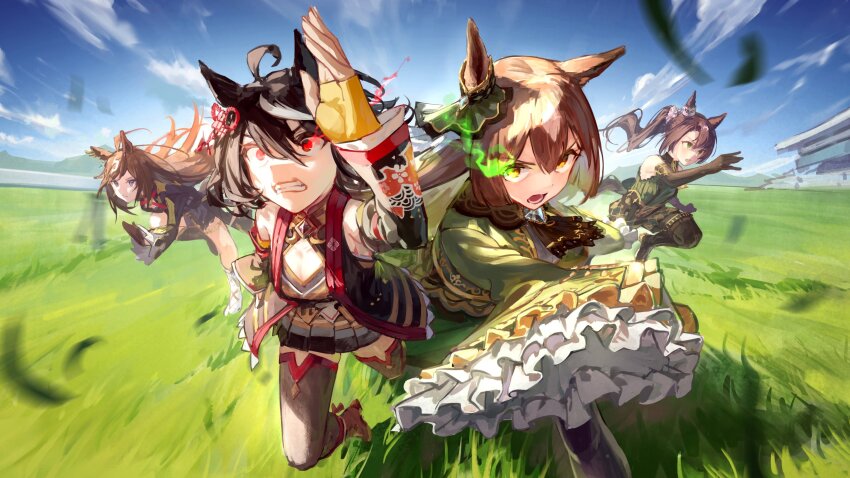 4girls absurdres ahoge animal_ears ascot bare_shoulders black_ascot black_hair black_jacket black_thighhighs boots breasts brown_hair cleavage_cutout clenched_teeth clothing_cutout cloud day detached_sleeves duramente_(umamusume) ear_ornament fence fingerless_gloves flaming_eye gloves grass green_shirt hair_ornament highres horse_ears horse_girl horse_racing_track horse_tail jacket kitasan_black_(umamusume) long_hair miniskirt multicolored_hair multiple_girls open_mouth outdoors running running_towards_viewer satono_crown_(umamusume) satono_diamond_(umamusume) shadow shirt short_hair side_ponytail skirt sky sleeveless sleeveless_jacket sleeves_past_fingers sleeves_past_wrists small_breasts streaked_hair tail teeth thighhighs umamusume yellow_gloves yu_hydra