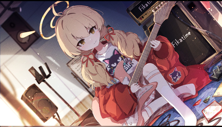 1girl ahoge animal_print blonde_hair blue_archive blush cat_print chamoraile closed_mouth electric_guitar guitar hair_ribbon highres holding holding_guitar holding_instrument indoors instrument jacket kneehighs long_hair looking_at_viewer low_twintails music official_alternate_costume official_alternate_hairstyle on_floor pink_skirt plaid_clothes plaid_skirt playing_instrument pleated_skirt red_jacket red_ribbon ribbon shirt sidelocks sitting skirt smile socks solo twintails very_long_hair white_shirt white_socks yellow_eyes yoshimi_(band)_(blue_archive) yoshimi_(blue_archive)