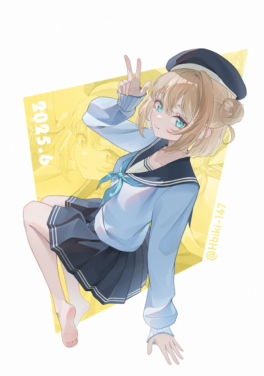 1girl aqua_eyes aqua_neckerchief artist_name barefoot beret blue_hat blue_sailor_collar blue_skirt blush brown_hair closed_mouth commentary_request dated full_body hair_bun hat hibiki-147 highres long_sleeves looking_at_viewer neckerchief original pleated_skirt redrawn sailor_collar sailor_shirt school_uniform serafuku shirt short_hair skirt soles solo summer_uniform w white_shirt zoom_layer