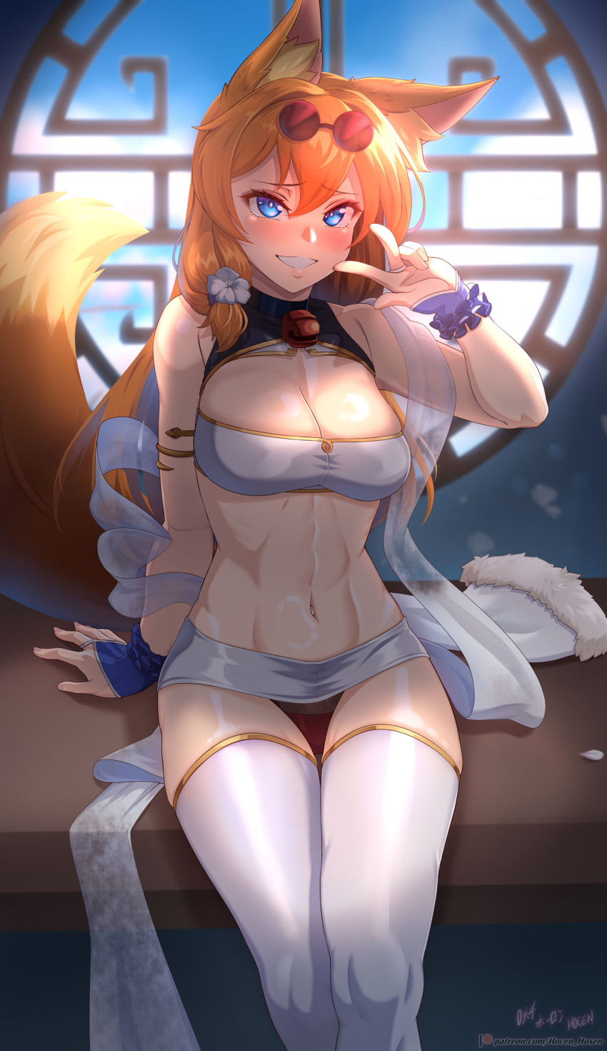 1girl :d absurdres animal_ear_fluff animal_ears arm_support bare_shoulders bell black_choker black_shrug blue_eyes blue_scrunchie blush bra breasts choker cleavage commentary commentary_request cowboy_shot english_commentary eyelashes eyewear_on_head fox_ears fox_girl fox_tail grin highres indoors jingle_bell kitsu_(vilde_loh_hocen) large_variant_set looking_at_viewer microskirt mixed-language_commentary navel neck_bell on_table open_mouth orange_hair original panties red-tinted_eyewear red_panties scrunchie shrug_(clothing) sitting skindentation skirt sleeveless_shrug smile solo table tail thighhighs thighs tinted_eyewear toned toned_female turtleneck_shrug underwear variant_set vilde_loh_hocen w watermark web_address white_bra white_skirt white_thighhighs wrist_scrunchie