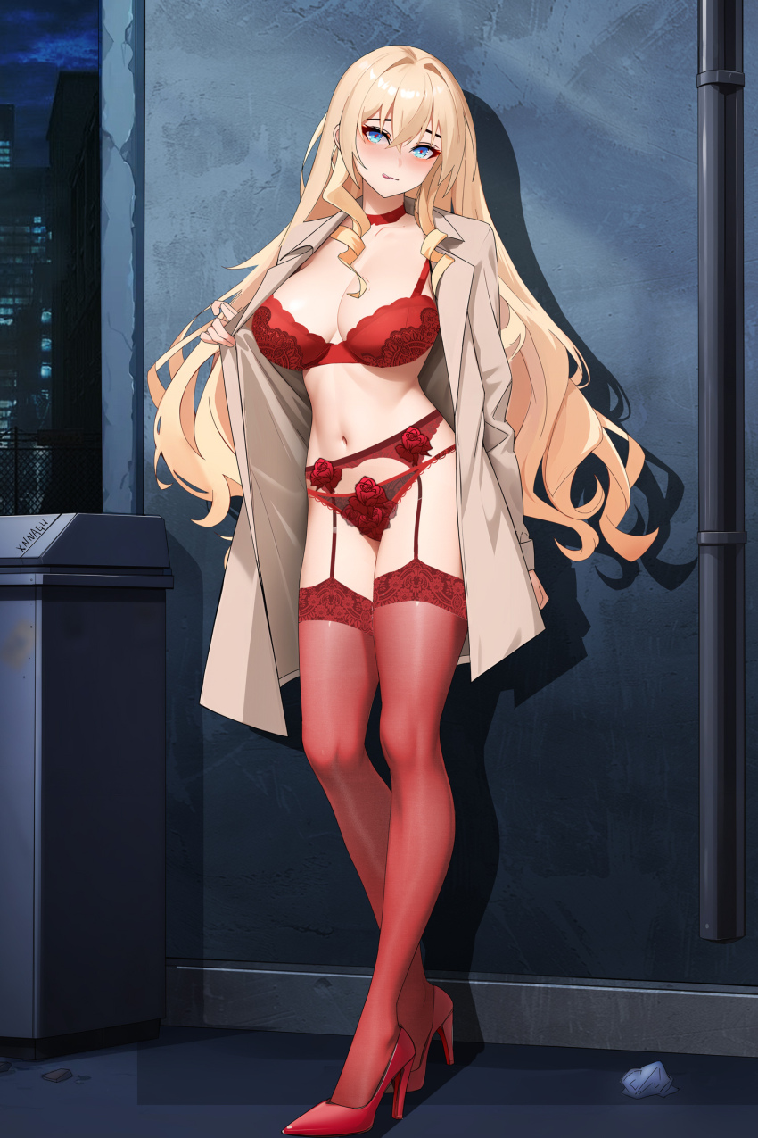 1girl blonde_hair blue_eyes bra breasts brown_coat coat exhibitionism hair_between_eyes high_heels highres large_breasts lion_(warship_girls_r) long_hair long_sleeves navel open_clothes open_coat panties public_indecency red_bra red_garter_belt red_panties red_thighhighs solo standing thighhighs underwear very_long_hair warship_girls_r xnnagu
