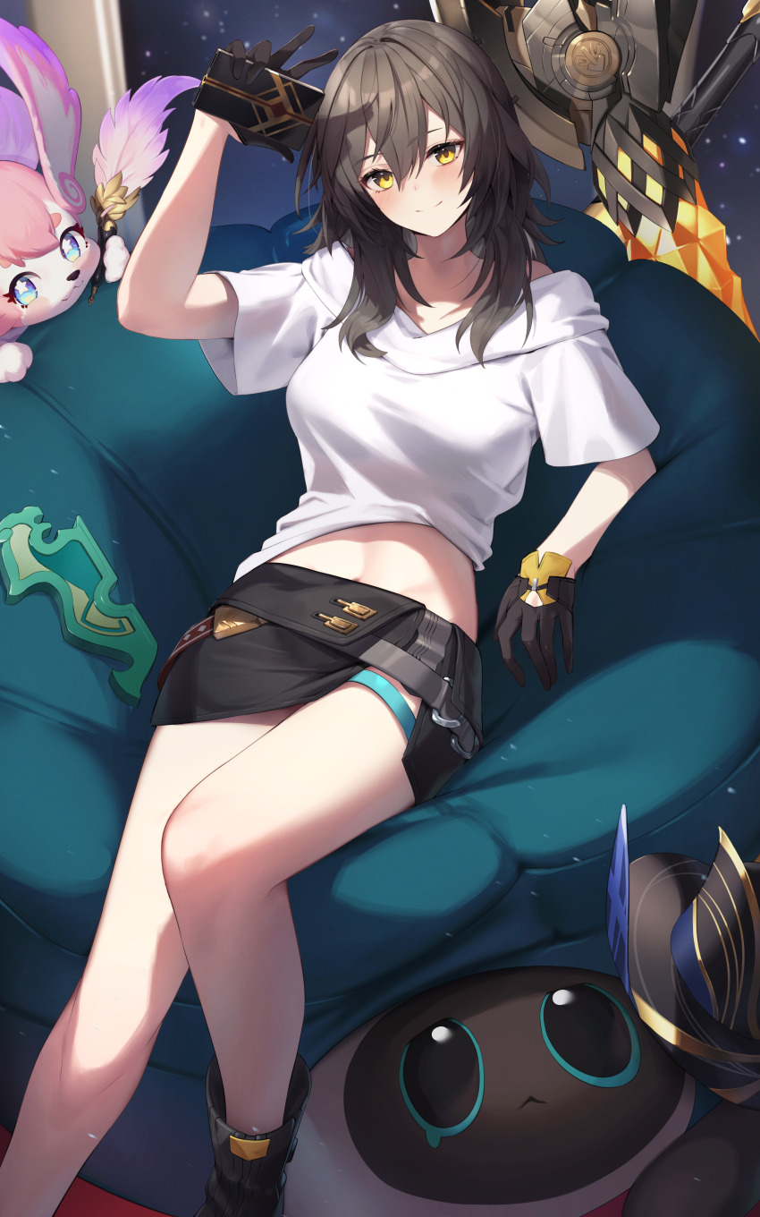 1girl absurdres black_boots black_gloves black_skirt boots breasts commentary_request commission critter_pick_(honkai:_star_rail) e_buki gloves grey_hair highres holding holding_phone honkai:_star_rail honkai_(series) legs long_hair looking_at_viewer lying medium_breasts mem_(honkai:_star_rail) midriff_peek miniskirt phone pixiv_commission shirt skirt smile stelle_(honkai:_star_rail) thigh_strap trailblazer_(honkai:_star_rail) white_shirt yellow_eyes