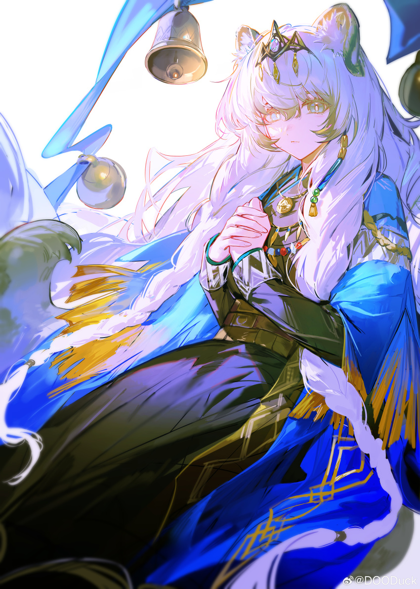 1girl absurdres animal_ear_fluff animal_ears arknights bell bright_pupils closed_mouth commentary commentary_request dooduck highres long_hair long_sleeves looking_at_viewer own_hands_together pramanix_(arknights) pramanix_the_prerita_(arknights) snow_leopard_ears snow_leopard_girl solo symbol-only_commentary tiara tibetan_clothes watermark weibo_watermark white_hair