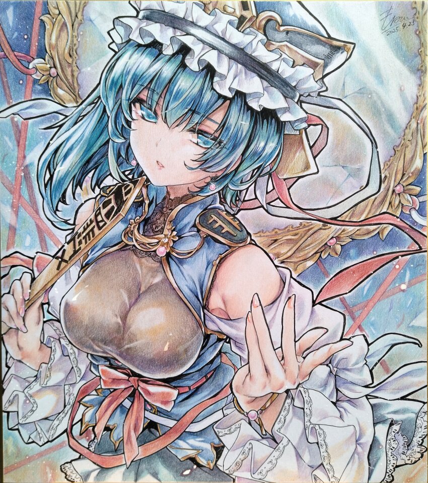 1girl absurdres armpit_crease asymmetrical_hair bare_shoulders blue_vest colored_pencil_(medium) covered_erect_nipples epaulettes frilled_hat frilled_sleeves frills green_hair hat highres mirror monety ribbon-trimmed_skirt ribbon_trim rod_of_remorse shiki_eiki solo tight_clothes touhou traditional_media vest