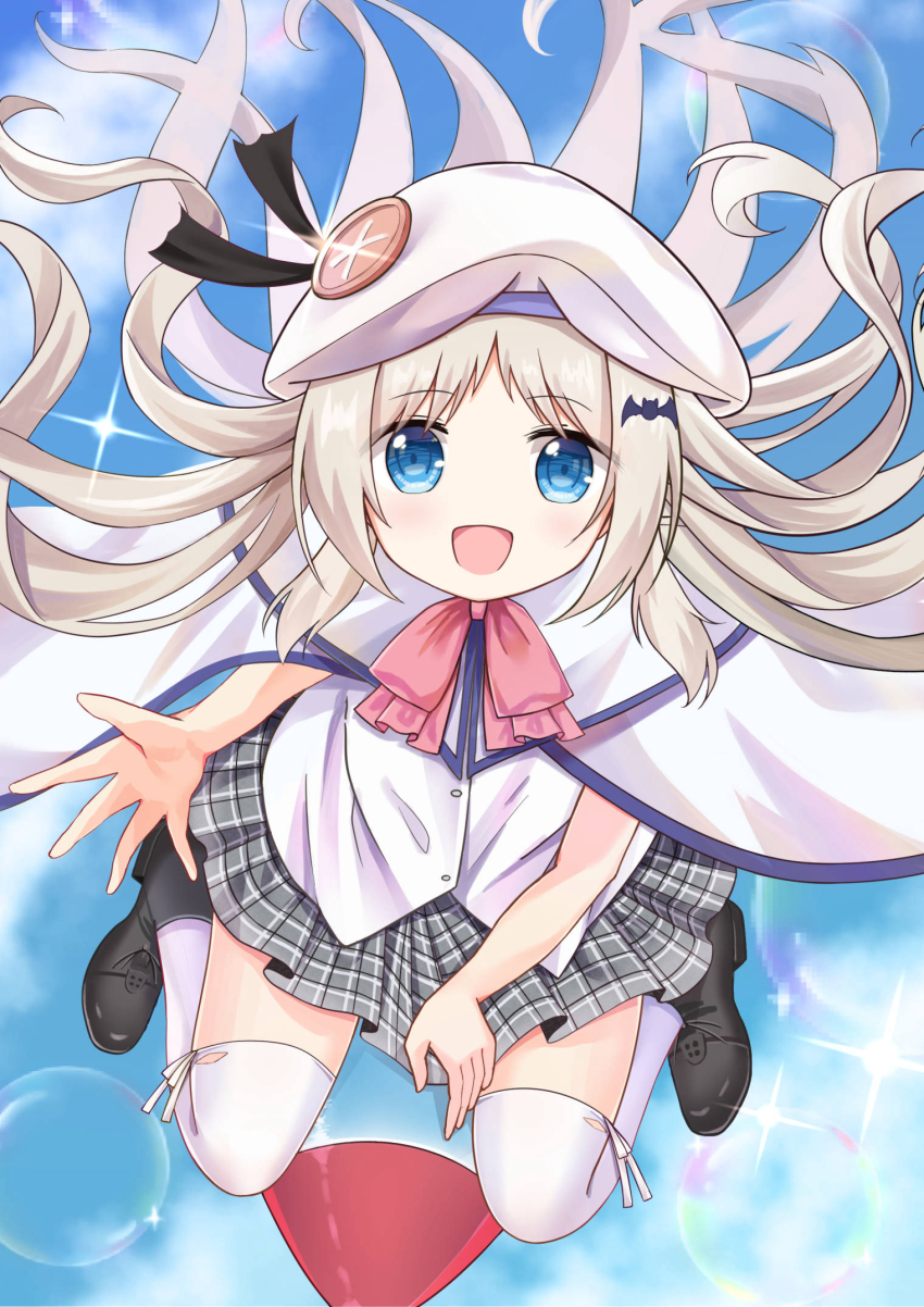 1girl :d bat_hair_ornament beret black_ribbon black_shoes blue_eyes blush bow bowtie buttons cape commentary day floating_hair from_above grey_hair grey_skirt hair_ornament happy hat hat_ribbon highres kk0220 kud_wafter little_busters! little_busters!_school_uniform long_hair looking_at_viewer looking_up miniskirt noumi_kudryavka open_mouth outdoors outstretched_hand parted_bangs pink_bow pink_bowtie plaid_clothes plaid_skirt pleated_skirt ribbon rocket school_uniform shirt shoes sidelocks sitting skirt smile soap_bubbles solo sparkle summer_uniform thighhighs white_cape white_hat white_shirt white_thighhighs zettai_ryouiki