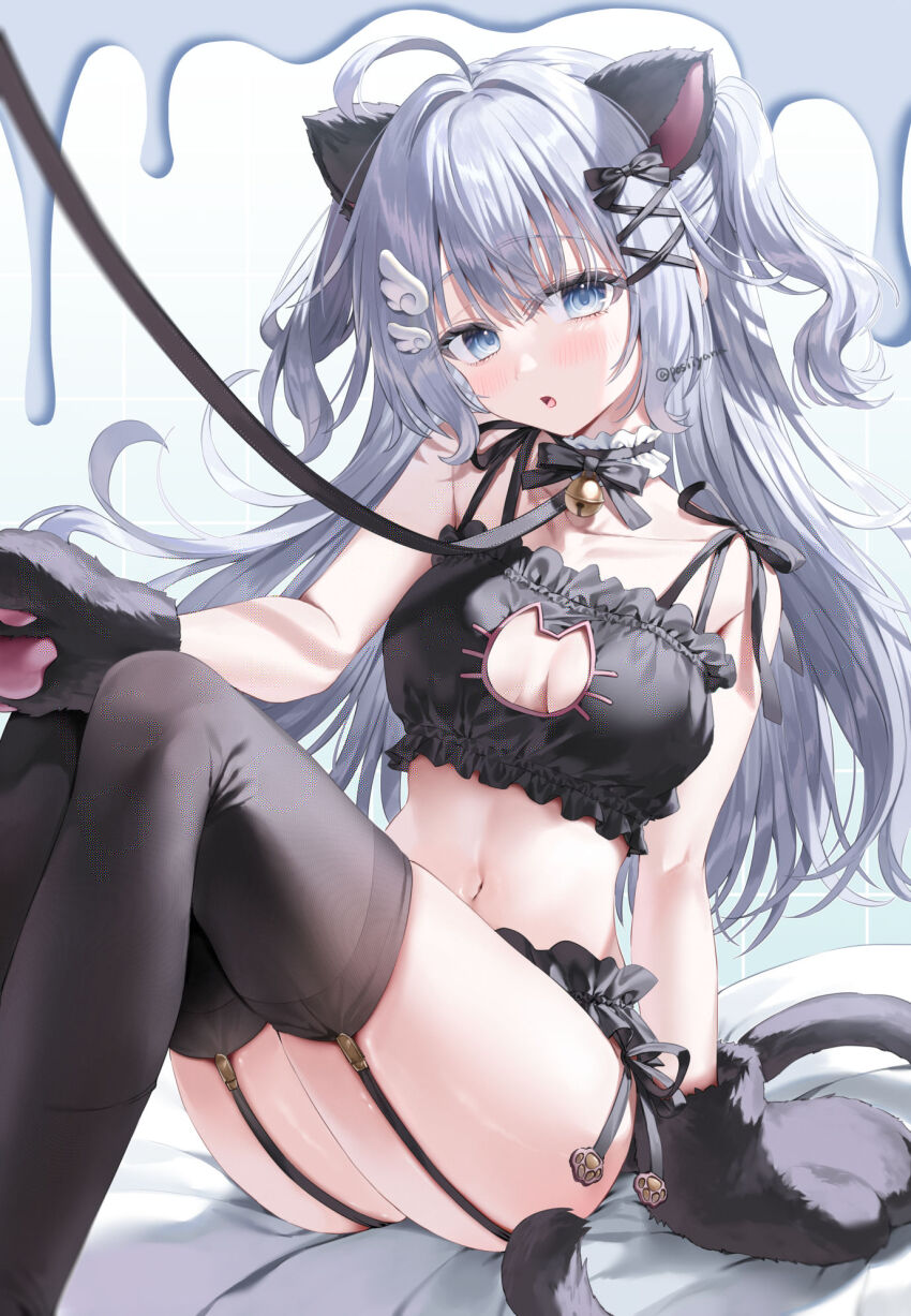 1girl animal_ears animal_hands ass bare_arms bare_shoulders bell black_bra black_choker black_thighhighs blue_eyes bra breasts breasts_apart cat_cutout cat_ears cat_girl cat_lingerie cat_tail choker cleavage_cutout clothing_cutout frilled_bra frilled_choker frilled_panties frills garter_straps gloves grey_hair highres jingle_bell knees_up leash long_hair looking_at_viewer medium_breasts meme_attire navel original panties parted_lips paw_gloves side-tie_panties sitting solo stomach string_bra tail thighhighs thighs two_side_up underwear yana_mori