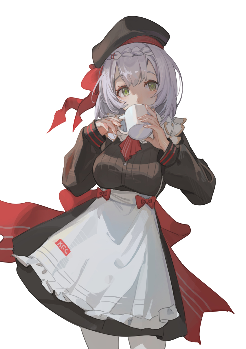 1girl absurdres apron ascot beret black_dress black_hat blush bow braid breasts commentary cowboy_shot cup dress drinking genshin_impact green_eyes hands_up hat highres holding holding_cup kfc kuweichuanxin_jr long_sleeves looking_at_viewer medium_breasts medium_hair noelle_(genshin_impact) noelle_(kfc)_(genshin_impact) official_alternate_costume pantyhose puffy_long_sleeves puffy_sleeves red_ascot red_bow silver_hair simple_background solo standing white_apron white_background white_pantyhose
