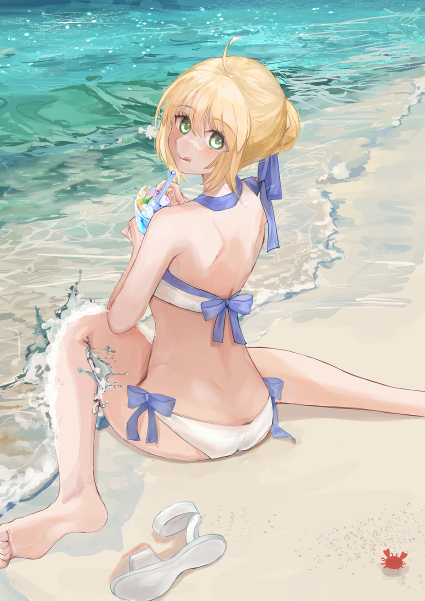1girl absurdres ahoge artoria_pendragon_(fate) artoria_pendragon_(swimsuit_archer)_(fate) artoria_pendragon_(swimsuit_archer)_(first_ascension)_(fate) ass barefoot beach bikini blonde_hair braid breasts butt_crack commentary_request crab day fate/grand_order fate_(series) from_behind green_eyes hair_ribbon highres looking_at_viewer medium_breasts nainairo323 outdoors ribbon saber_(fate) sandals sitting slushie smile soles solo swimsuit tongue tongue_out unworn_sandals wariza white_bikini