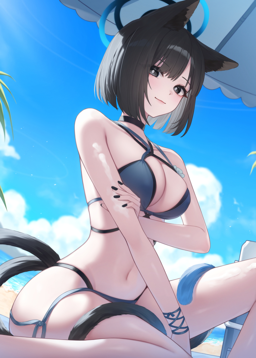 1girl absurdres animal_ears bikini black_hair blue_archive blue_bikini blush bob_cut breasts character_request cloud cloudy_sky collarbone commentary_request criss-cross_halter from_below grey_eyes halo halterneck highres holding_own_arm light_smile looking_at_viewer medium_breasts navel sky solo soo_ou swimsuit under_umbrella