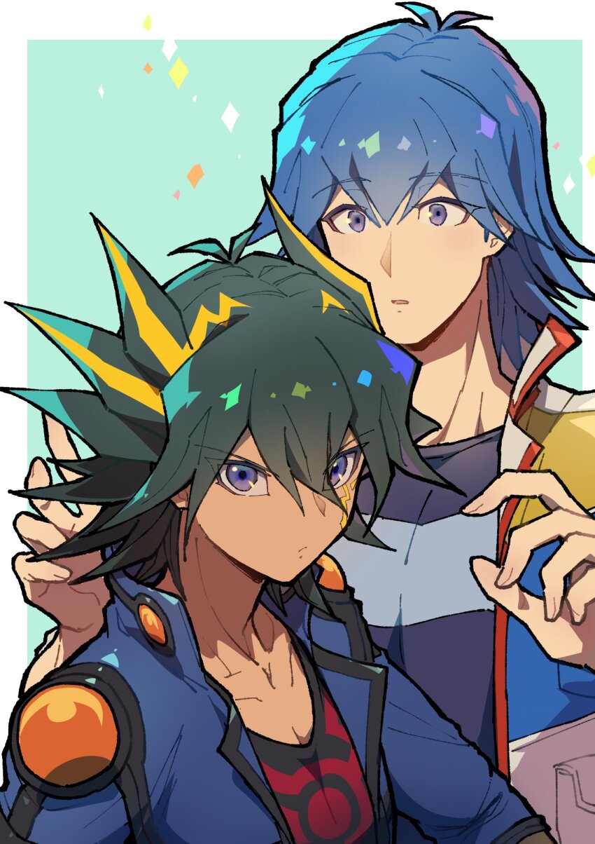 2boys black_hair black_shirt blonde_hair blue_eyes blue_hair blue_jacket border bruno_(yu-gi-oh!) facial_mark fudo_yusei green_background highres jacket male_focus medium_hair multicolored_hair multiple_boys purple_eyes shirt simple_background spiked_hair streaked_hair two-tone_hair upper_body white_border white_jacket youko-shima yu-gi-oh! yu-gi-oh!_5d&#039;s