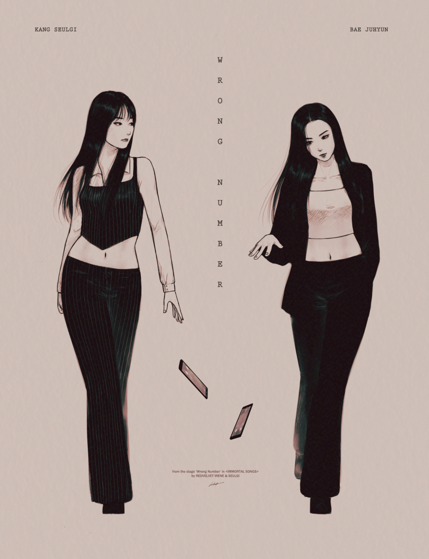 2girls absurdres artist_name_(singer) black_hair commentary falling full_body greyscale highres irene_(red_velvet) k-pop long_hair long_sleeves looking_to_the_side monochrome multiple_girls navel phone real_life red_velvet_(group) seulgi_(red_velvet) sin_daybreak song_name