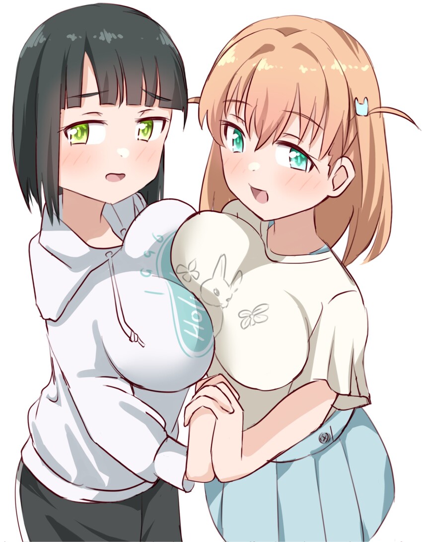 2girls :d asymmetrical_docking black_footwear black_hair blue_skirt blunt_bangs blunt_ends blush bob_cut breast_press breasts commentary_request cowboy_shot green_eyes hair_between_eyes hair_intakes hair_ornament highres hinoshita_kaho hinoshita_kaho_(summer_training_wear) holding_hands hood hood_down hoodie interlocked_fingers lamchan large_breasts link!_like!_love_live! looking_at_viewer love_live! medium_hair miniskirt momose_ginko momose_ginko_(summer_training_wear) multiple_girls nervous_smile open_mouth orange_hair pleated_skirt rabbit_hair_ornament shirt short_sleeves simple_background skirt smile t-shirt two_side_up virtual_youtuber white_background white_hoodie white_shirt