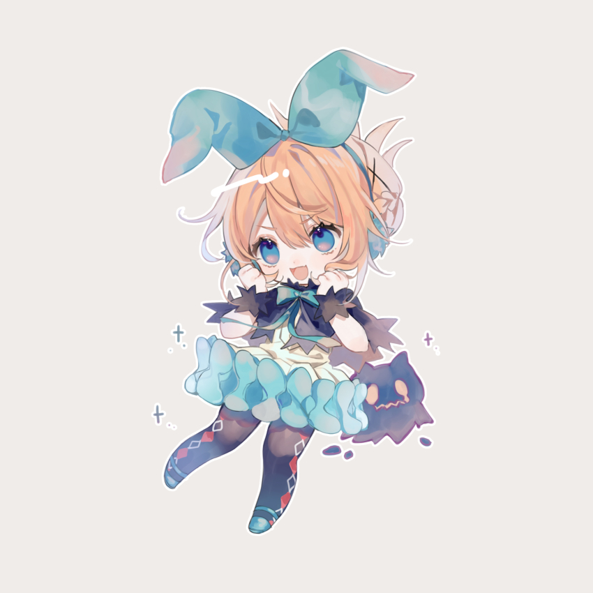 1girl :d argyle_clothes argyle_legwear black_cape black_pantyhose blue_bow blue_eyes blue_ribbon blue_shoes blush bow brown_hair cape chibi dress efina full_body grey_background hair_between_eyes hair_ornament hair_ribbon hands_up highres jne lie_(lieat) lieat looking_at_viewer open_mouth pantyhose pleated_dress ribbon shoes simple_background smile v-shaped_eyebrows white_dress wrist_cuffs x_hair_ornament