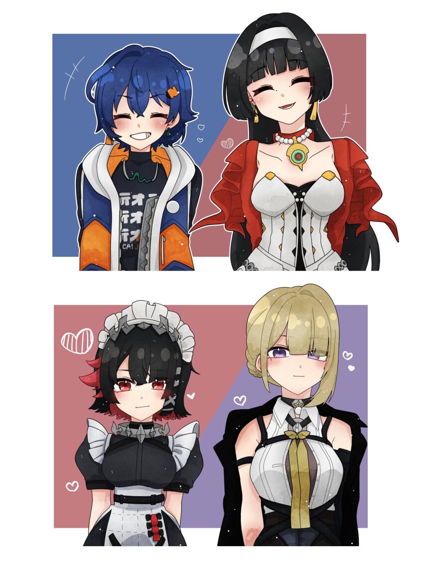 4girls ^_^ astra_yao belle_(zenless_zone_zero) black_coat black_hair black_shirt blonde_hair blue_hair closed_eyes coat coat_on_shoulders collared_shirt colored_inner_hair crossed_bangs earrings ellen_joe evelyn_chevalier hair_ornament hairband highres jewelry letter_hair_ornament long_hair maid metal_hairband mole mole_under_eye multicolored_hair multiple_girls necktie oshikurui purple_eyes razor_blade_hair_ornament red_eyes red_shrug shirt smile spiked_headband uneven_bangs upper_body white_hairband white_shirt yellow_necktie zenless_zone_zero