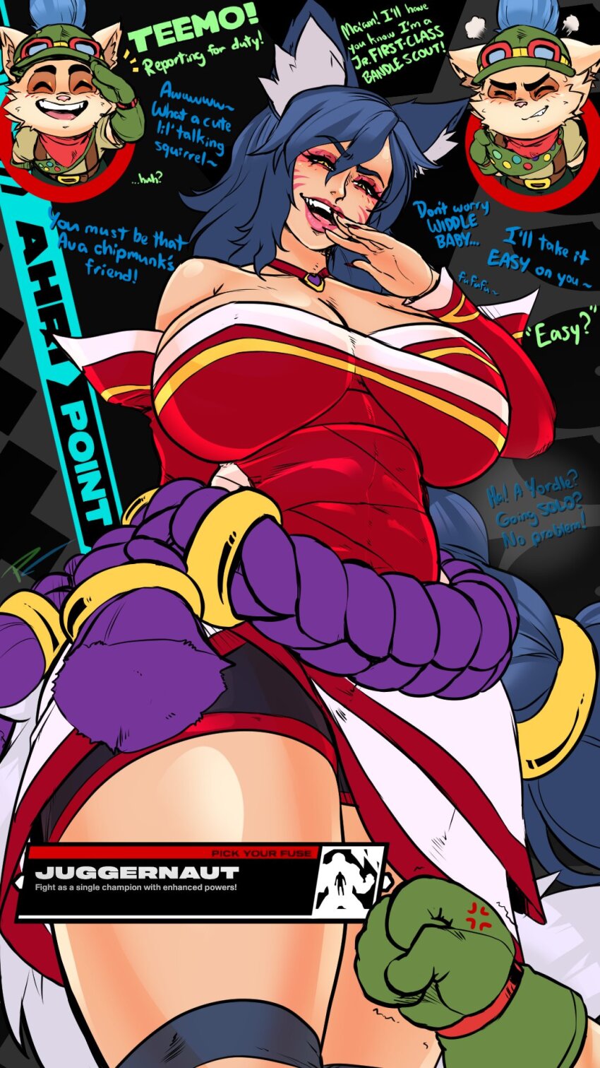 1boy 1girl ahri_(league_of_legends) angry animal_ears breasts english_text fakeryway furry furry_male furry_with_non-furry huge_breasts interspecies kemonomimi_mode league_of_legends looking_at_viewer open_mouth pointy_ears pov size_difference smile teemo yellow_eyes