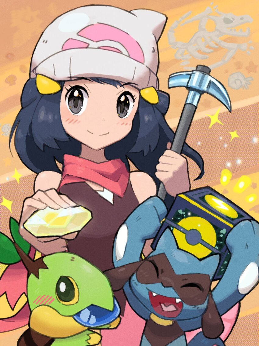 1girl aerodactyl arc_draws beanie blue_hair closed_mouth dark_blue_hair dawn_(pokemon) evolution_stone evolutionary_stone fossil gen_1_pokemon gen_4_pokemon grey_eyes hair_ornament hands_up hat helix_fossil highres holding holding_pickaxe nintendo pickaxe pink_scarf pokemon pokemon_(creature) pokemon_bdsp riolu scarf shiny_stone_(pokemon) short_hair smile split_mouth turtwig water_stone white_headwear