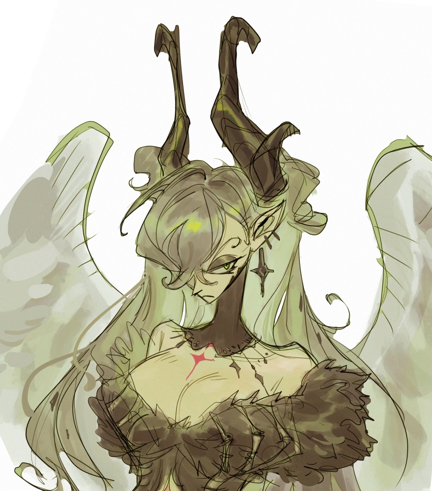 1girl aita_draws breasts demon_girl demon_horns demon_wings fate/grand_order fate_(series) green_eyes grey_hair grey_wings highres horns large_breasts lilith_(fate) lilith_(third_ascension)_(fate) long_hair looking_at_viewer skeletal_hand snake solo very_long_hair wings