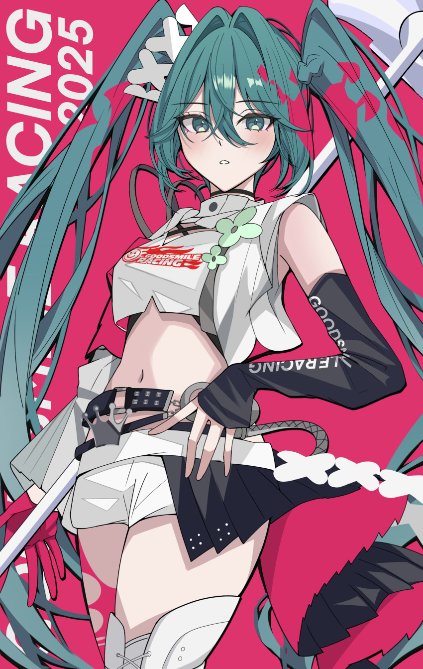 1girl absurdres aqua_eyes aqua_hair asymmetrical_legwear asymmetrical_sleeves bell_sleeves belt black_belt black_sleeves clothes_writing commentary cowboy_shot criss-cross_halter crop_top cropped_shirt cropped_vest crossed_bangs crown_(symbol) detached_sleeves garan_(garan0502) gloves goodsmile_racing hair_between_eyes hair_intakes half_gloves halterneck hatsune_miku high_collar highres holding holding_megaphone long_hair looking_at_viewer megaphone midriff mismatched_legwear mismatched_sleeves navel o-ring o-ring_belt paint_splatter parted_lips print_shirt racing_miku racing_miku_(2025) red_background shirt short_shorts shorts single_glove sleeves_past_wrists solo studded_belt twintails very_long_hair vest vocaloid white_shirt white_shorts white_vest