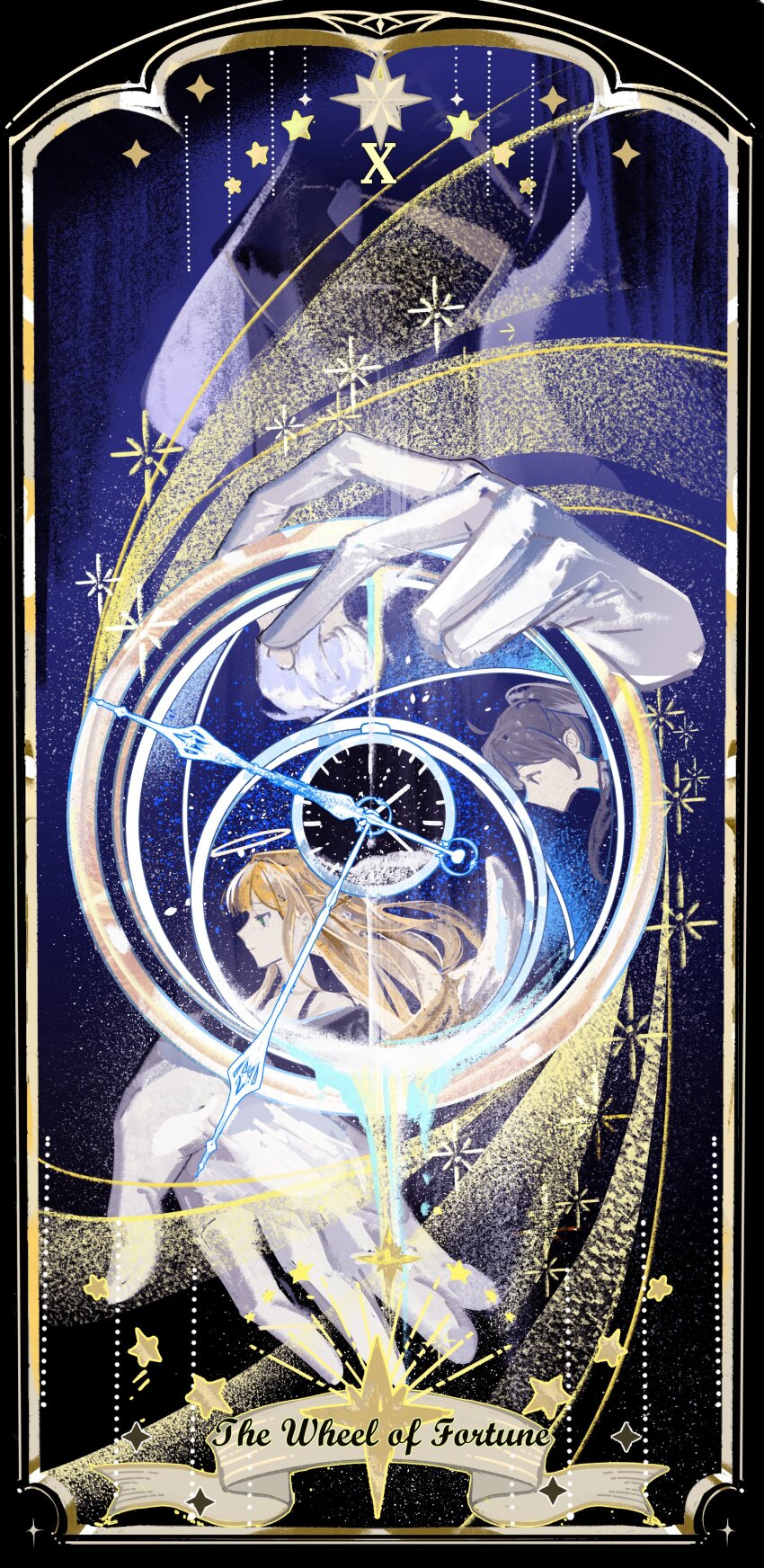 1other 3girls absurdres analog_clock black_hair blonde_hair border canvas_texture clock clock_hands faceless from_side gloves hair_flowing_over halo high_ponytail highres hood hood_up jewelry jung_heewon kim_namwoon lantercat light_particles looking_at_another mini_person miniboy minigirl multiple_girls omniscient_reader&#039;s_viewpoint ornate_border outstretched_hand partially_invisible ponytail ring secretive_plotter size_difference spaghetti_strap swirling tarot wheel_of_fortune_(tarot) white_gloves white_hair yoo_sangah