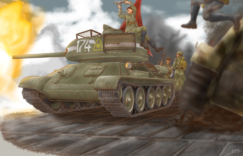 1other 3boys absurdres belt black_footwear blurry boots canteen carrying_bag caterpillar_tracks combat_helmet depth_of_field firing generalmajor_st green_bag green_headwear green_pants green_shirt grey_sky gun gun_sling hand_up hat helmet highres historical_event holding holding_gun holding_weapon knee_boots long_sleeves looking_afar looking_ahead looking_at_another midair military military_hat military_uniform military_vehicle motor_vehicle multiple_boys muzzle_flash original pants peaked_cap pps-43 realistic red_flag russian_commentary shirt signature sitting sitting_on_object sky smoke soldier soviet soviet_flag standing submachine_gun t-34 tank vehicle_focus weapon world_war_ii
